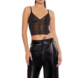 Forever‎ 21 Womens Black Sheer Mesh Rhinestone Corset Bustier Crop Top V-Neck